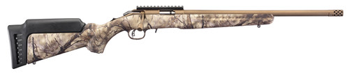Right profile view of a Ruger American Rimfire bolt-action rifle in Go Wild Camo with a bronze barrel on a white background