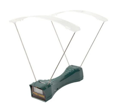 Green and white plastic device with two handles, calibrated for accuracy. Captures velocity measurements within +/-0.25%. LED screen displays velocity.