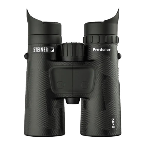 Front view of Steiner Predator 8x42 hunting binoculars in matte black with textured grip and ergonomic eyecups.