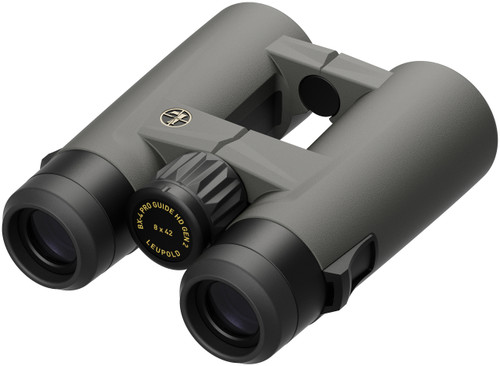 Leupold BX-4 Pro Guide HD 8x42 binoculars angled showing lenses and grip
