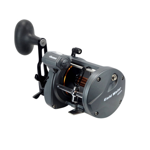 Profile view of the Okuma Coldwater A CW-45DA trolling reel showing the oversized spool and integrated mechanical line counter.