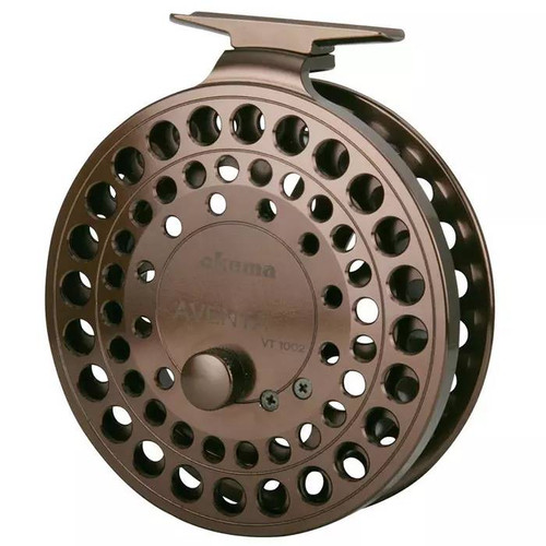 Front profile view of the silver Okuma Aventa VT1002 centerpin float reel showing its porting pattern.