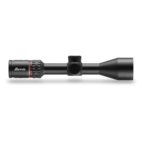 Right side profile view of a matte black Burris Fullfield IV riflescope with red accent ring on a solid white background