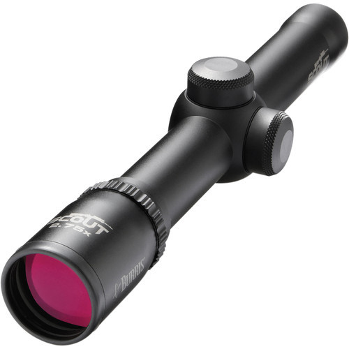 Angled view of a matte black Burris Scout 2.75x riflescope showcasing a pink lens coating on a white background