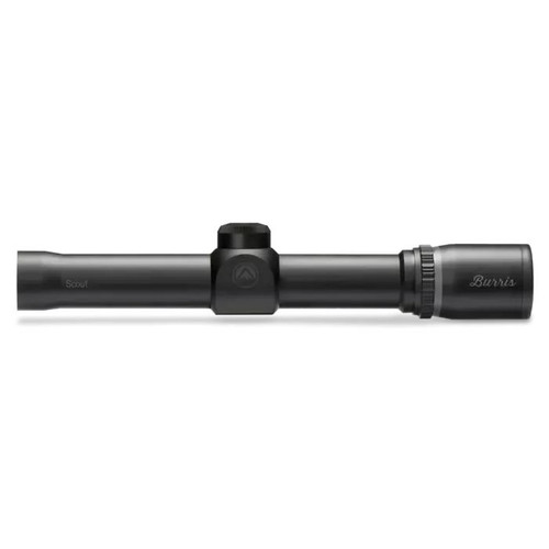Horizontal side profile view of a black matte Burris Scout 2.75x20mm riflescope on a clean white background