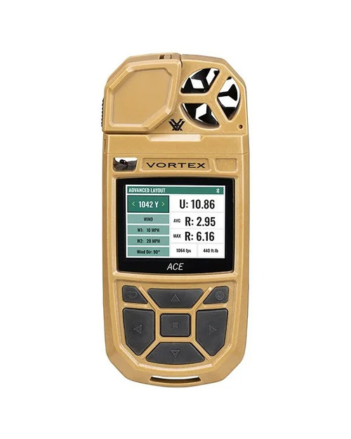 Promotional graphic featuring a person holding a Vortex ACE weather meter next to product spec text panels