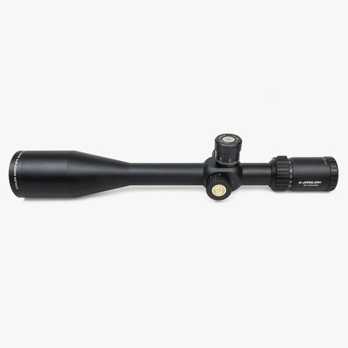 Three-quarter front view of a matte black Athlon Argos BTR Gen2 10-40x56 riflescope highlighting the large objective bell
