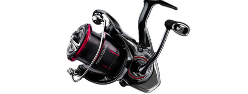 Studio shot of a black Daiwa Fuego LT spinning fishing reel with prominent red rings and a silver bail wire on a plain white background.