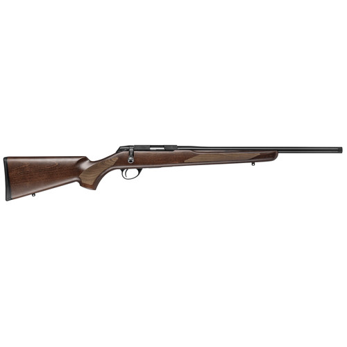 Right side profile view of a Tikka T3x Hunter bolt-action rifle with a blued barrel and oiled walnut stock.
