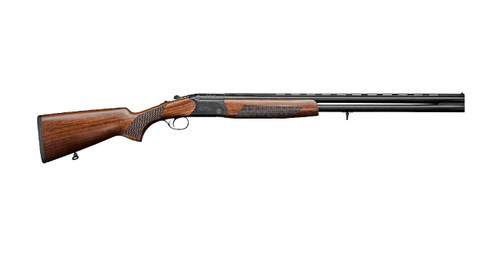 Right side profile view of a CZ Drake over and under shotgun featuring a walnut stock and black receiver.