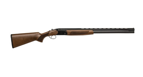 Right side profile view of a CZ Drake 20-Gauge over and under shotgun with a walnut stock and black receiver.