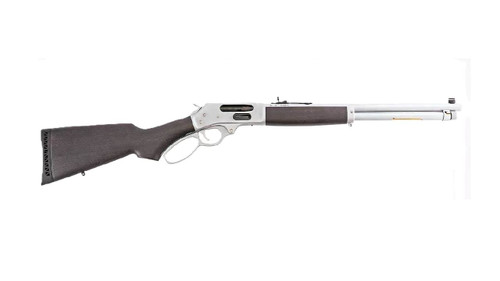 Left profile view of a silver Henry All-Weather lever-action rifle featuring a dark stained wood stock on a plain white background