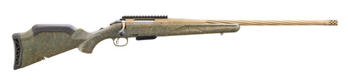 Right profile view of a Ruger American Rifle Generation II bolt-action rifle featuring a green splatter stock and a tan spiral-fluted barrel on a plain white background