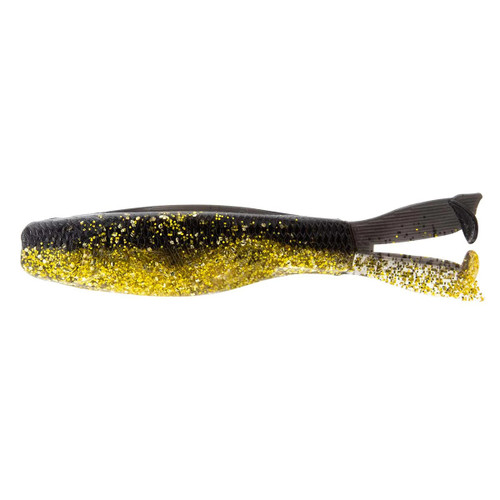 Goldrush Z-Man DieZel KickerZ paddle tail swimbait with gold back, pearl sides and paddle tail on white background.
