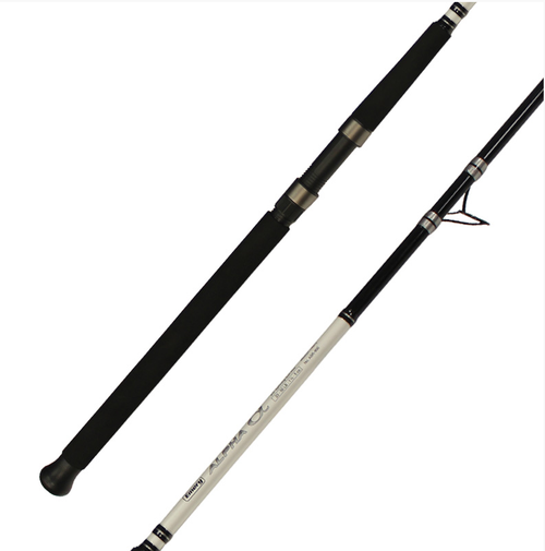 Studio product shot showing two disconnected pieces of a white and black Emery Alpha Surf 8-foot medium heavy 2-piece surf fishing rod featuring a textured black foam EVA full grip handle split by a graphite reel seat