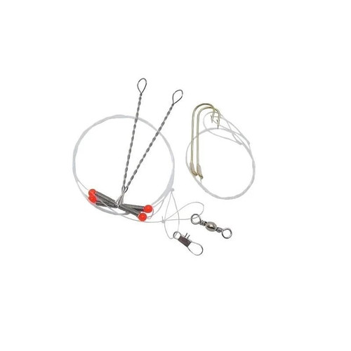 Whizkers double-hook pickerel fishing rig featuring a clear monofilament leader line, red attraction beads, premium barrel swivels, and a stainless steel wire spreader arm.