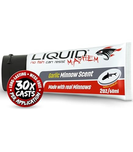 A tube of Liquid Mayhem Garlic Minnow Scent fish attractant featuring a red promotional badge highlighting long lasting thirty times casts per application
