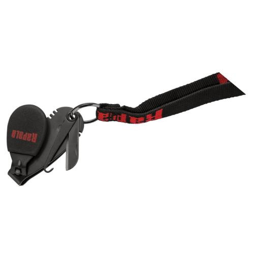 Rapala fishing line clipper featuring a black matte finish, oversized thumb pad grip, fold-out tool blades, and an attached black and red Rapala branded lanyard strap.