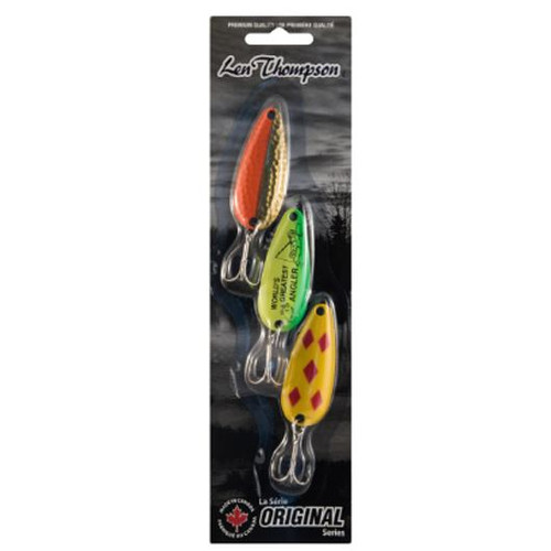 Len Thompson World's Greatest Angler 3-piece spoon lure kit in 5/8 oz size No. 0 featuring Brass and Flame, custom graphic chartreuse, and yellow red Five of Diamonds patterns.