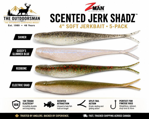 Z-Man Scented Jerk ShadZ 4-inch soft jerkbait 5-pack color chart variant graphic at The Outdoorsman showing Shiner, Gussy's Glimmer Blue, Redbone, and Electric Shad soft plastics.