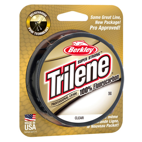 Packaged spool of clear fishing line enclosed in plastic on a gold honeycomb cardboard backing.