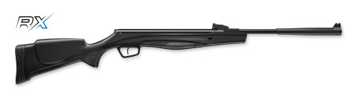 Wide side profile view of a black Stoeger Airguns RX20 Dynamic break barrel air rifle over a plain white background.