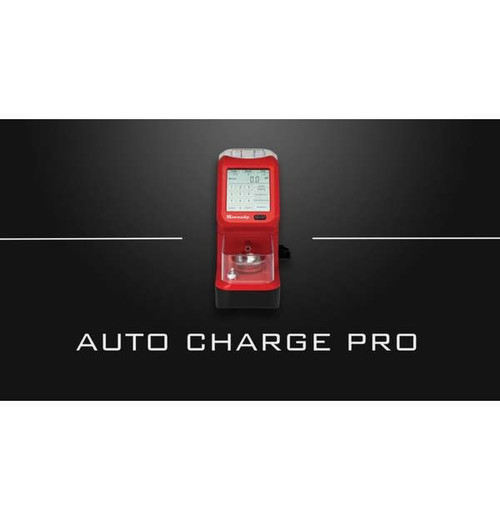 Front view of a red Lyman Auto-Charge Pro powder measure machine with a digital touch screen interface.