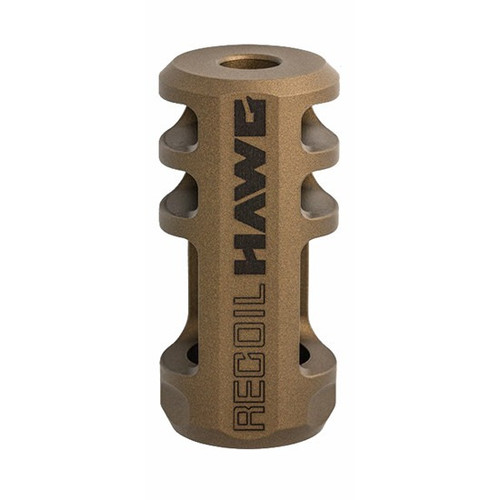 A product kit layout containing a bronze Browning Recoil Hawg muzzle brake, two matching bronze and black threaded collar adapters with port holes, and a long, slender black installation rod, all isolated on a clean white background.