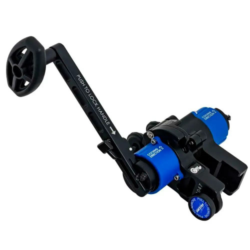 An isolated product view of the black and blue Excalibur Charger EXT Crank Cocking Aid (Model 95925) over a clean white background. Features a long black aluminum mechanical handle marked with "PUSH TO LOCK HANDLE", two bright blue spools labeled with directional cocking text, internal gears, and a black base block attachment.