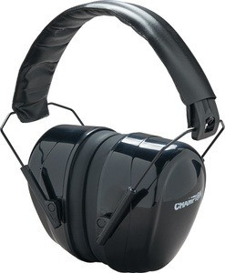 A pair of black Champion passive shooting ear muffs isolated on a white background. Features a wide, padded black headband connected via thin adjustable wire frames to glossy black earcups with soft foam cushions and the Champion brand logo printed in white on the lower side.