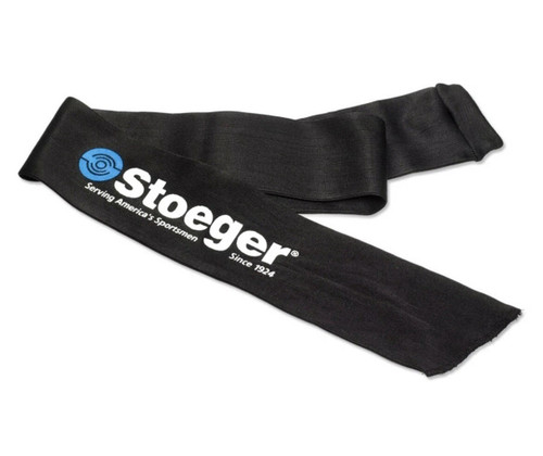 A folded black Stoeger VCI gun sock laid flat on a clean white background. The protective elastic knit fabric sleeve features the official Stoeger brand logo printed in white with its signature blue circular target icon, along with the text "Serving America's Sportsmen Since 1924".