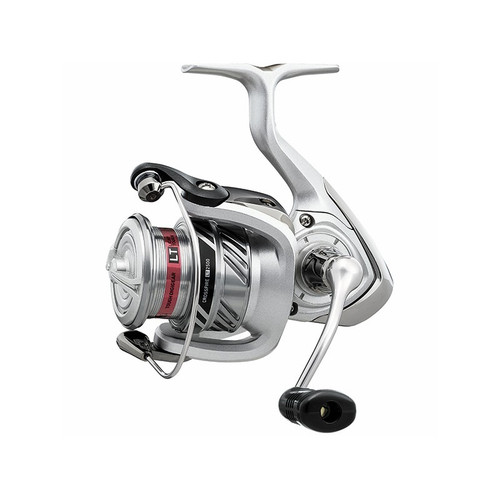 Studio product view of a silver and black Daiwa Crossfire LT 4000 spinning fishing reel isolated on a white background. Features a metallic silver body frame, a cut-out spool structure with red band accents showing "LT Tough Digigear" branding, an open metal bail wire, and an adjustable silver crank handle with an ergonomic black rubber T-knob.