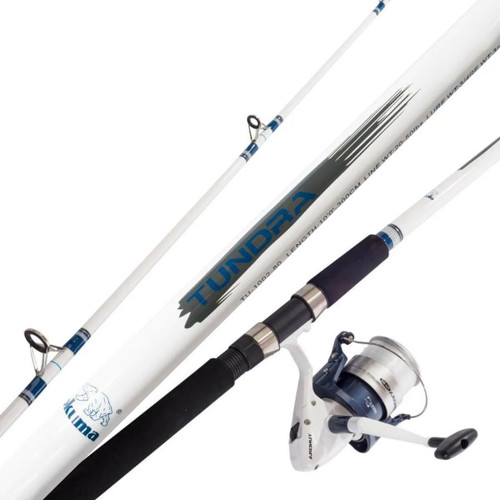 Product display of an Okuma Tundra spinning rod and reel combo against a white background. Features a white two-piece fiberglass rod blank with blue 'Tundra' graphics and an Okuma polar bear logo, multi-color line guides, a black foam grip handle, and a matching white and blue Okuma spinning fishing reel.