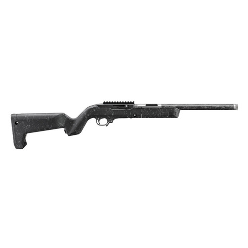 Horizontal right-side profile view of a Ruger 10/22 Carbon Fiber Takedown rimfire rifle against a plain white backdrop. Displays the complete modular silhouette, showcasing the black receiver housing with charging handle, a carbon fiber barrel shroud, and the textured synthetic Magpul stock with storage compartments styled in a dark marble camo pattern.