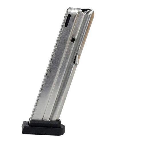 An angled studio product view of a replacement Beretta twenty-two LR ten-round pistol magazine standing upright against a white background. The magazine features a polished stainless steel body, vertical round indicator holes along the spine numbered up to ten, a bright metallic feed lip section at the top, and a flat black polymer base plate at the bottom.