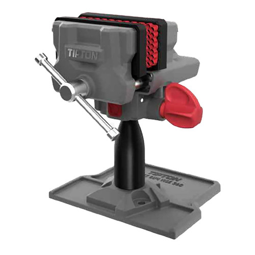 Studio product view of a Tipton Best Gun Vise 360 rotating vise assembly isolated on a white background. Features a durable gray composite body structure with the Tipton brand logo, thick black jaw pads lined with textured red non-marring rubber inserts, a silver sliding T-handle tightening rod, a large red wing nut adjustment knob on the side, and a matching gray base plate embossed with the product name.