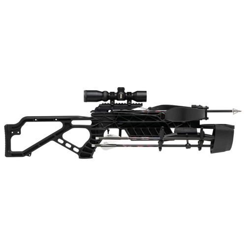 Horizontal side profile view of an Excalibur Mag Air Recurve Crossbow package isolated on a white background. Features a lightweight textured black synthetic stock with skeletal cutouts, a top-mounted Dead Zone scope, a recurve limb assembly, a cocking stirrup holding a broadhead arrow, and an attached side quiver carrying extra arrows.