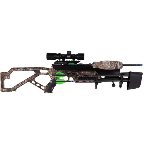 Horizontal left-side profile view of the Excalibur Mag Max 350 recurve crossbow isolated on a clean white background. Highlights the left side of the skeletal camouflage polymer stock, the textured black panels inlayed within the pistol grip and forend, the compact trigger mechanism, and the front-mounted broadhead tip extending straight out over the black stirrup assembly.