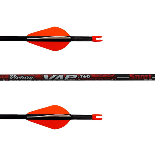 Three segments of Victory VAP Sport carbon arrows highlighting the bright red fletching vanes and shaft text