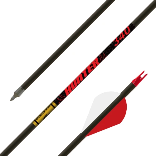 Diagonal view of three Gold Tip Hunter carbon hunting arrows showing field point tip, logo wrap, and fletched nock end