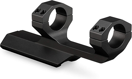 Horizontal side profile view of a riflescope secured inside a black matte one piece Vortex Sport Cantilever mount