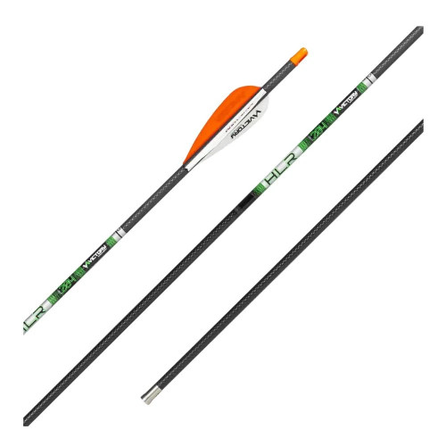 Three Victory HLR carbon arrow segments arranged diagonally showing fletching cresting and shaft details