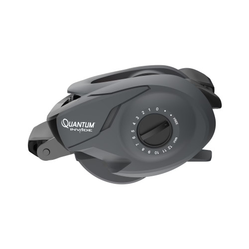 Side view profile of a closed black Quantum Invade low-profile baitcasting reel on a white background