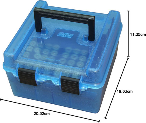 Translucent blue MTM Case-Gard R-100-MAG deluxe magnum rifle ammo box with length width and height dimensions diagram