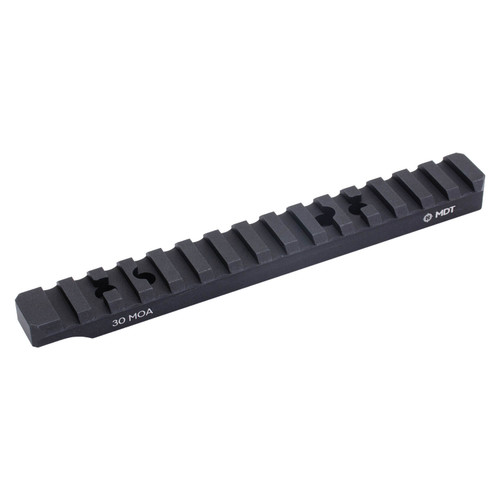 Angled overhead view of a black anodized aluminum one piece 20 MOA scope mount picatinny rail on a white background