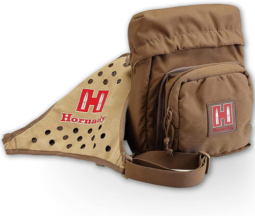 Angled perspective view of a tan Hornady binocular pouch case and matching mesh shoulder harness assembly on a white background