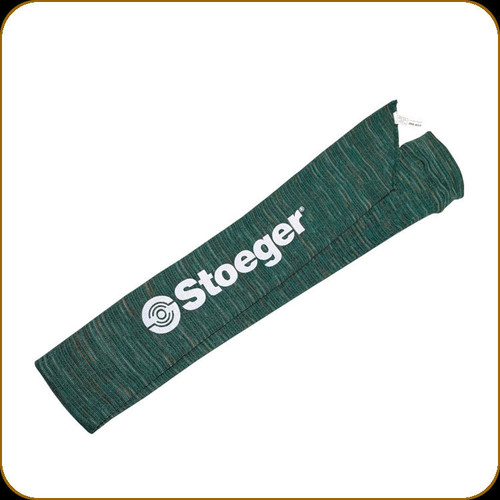Stoeger 52 inch green knitted gun sock with white branded logo lying diagonally on a white background