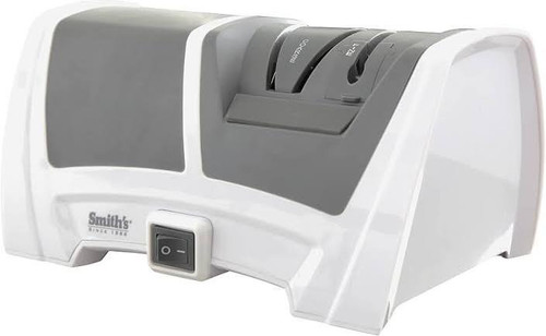 Three-quarter angle view of a white and grey Smith's Deluxe Diamond electric knife sharpener on white background