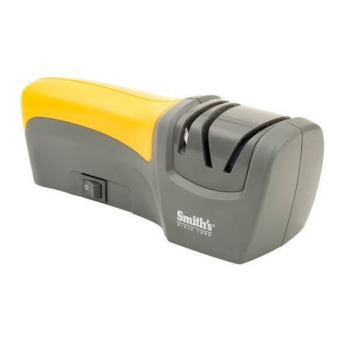 Three-quarter view of a yellow and grey Smith's Edge Pro compact electric knife sharpener on a white background
