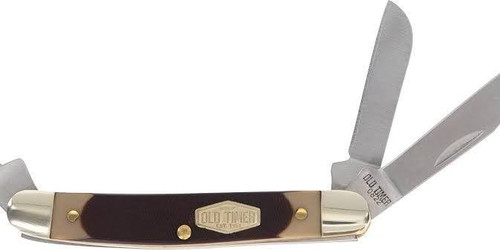 Old Timer 108OT Junior folding pocket knife with a dark sawcut handle and two stainless steel blades partially open
